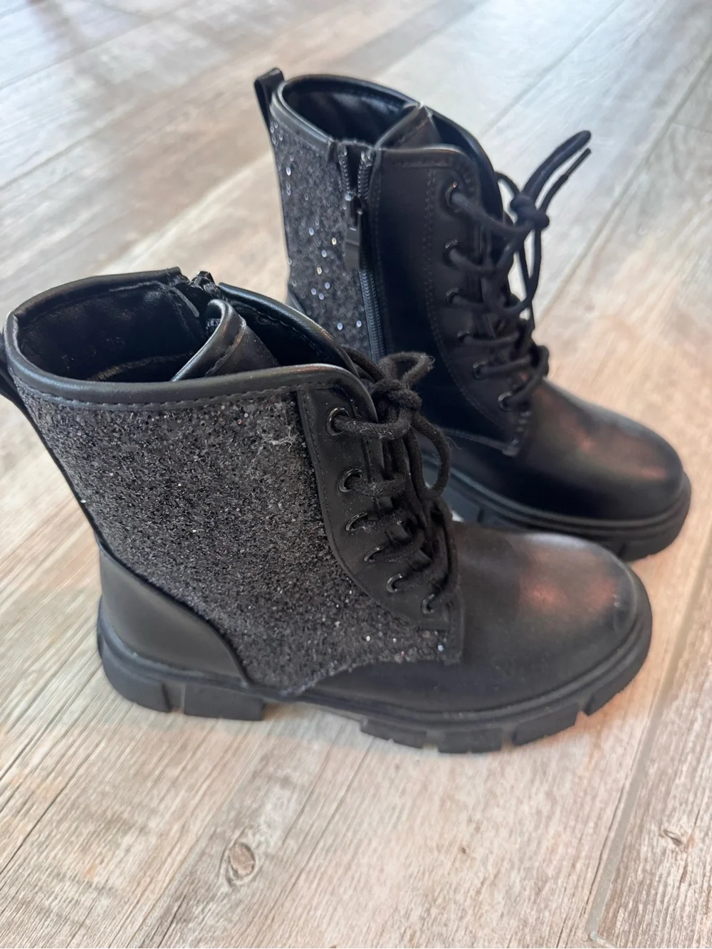 Girls Black Sparkle Lace-Up Combat Boots